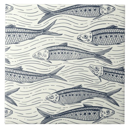 Sardines in Motion in navy and ivory タイル (正面)