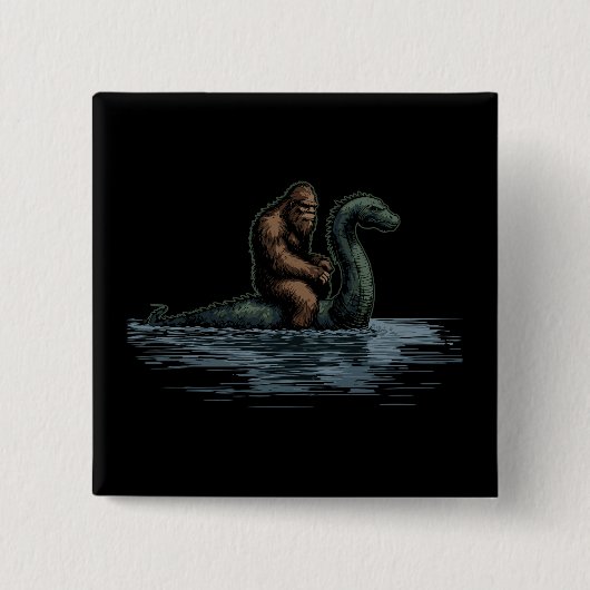 Sasquatch Bigfoot Rides Loch Monster 缶バッジ (正面)