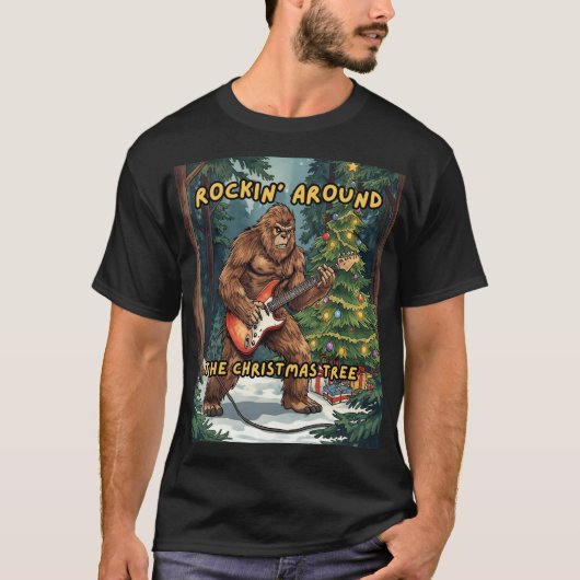 Sasquatch Guitar Rockin' Around Christmas Tree Tシャツ (正面)