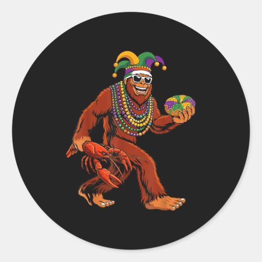 Sasquatch Mardi Gras Bigfoot Parade Beads King Cak ラウンドシール (正面)