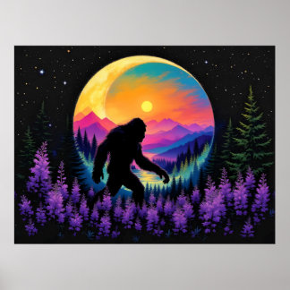 Sasquatch Rainbow Mountain Moon Wall Clock ポスター