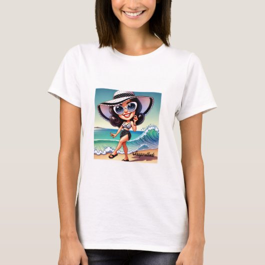 Sassprettude Beach Babe – Retro Cartoon Style Illu Tシャツ (正面)