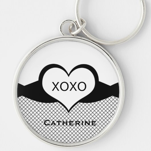 SassyハートFishnetキーチェーン、白黒 キーホルダー (正面)