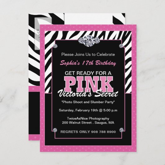 Sassy Zebra印刷バースデーパーティー招待状 インビテーションポストカード (正面/裏面)