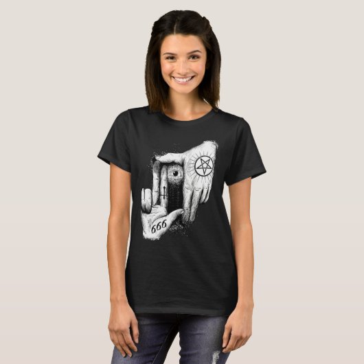 Satan is Watching you 666 Occult Baphomet Goat Sat Tシャツ (正面フル)