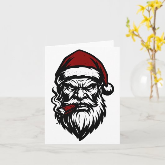 Savage Santa Claus Smoking Cigar Christmas  カード (黄色い花)