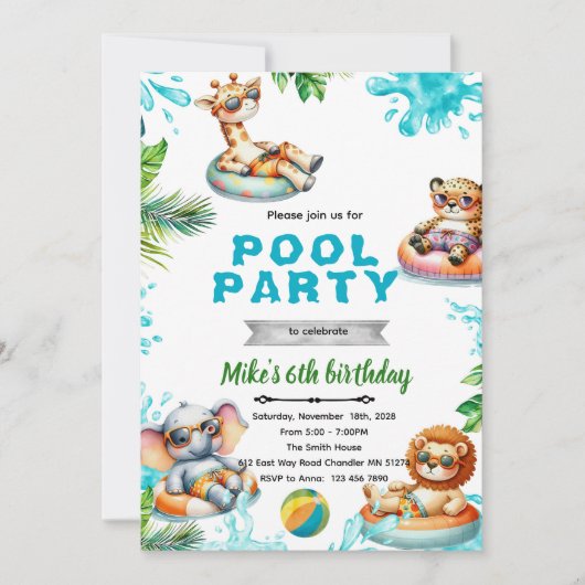 Savanna Animals Pool Party Birthday Invitation 招待状 (正面)