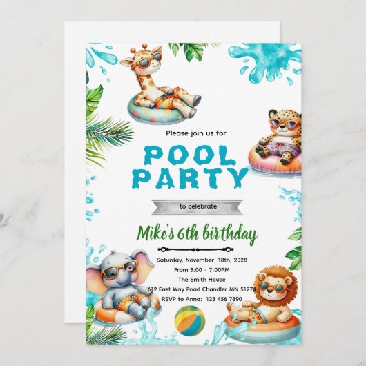 Savanna Animals Pool Party Birthday Invitation 招待状 (正面/裏面)