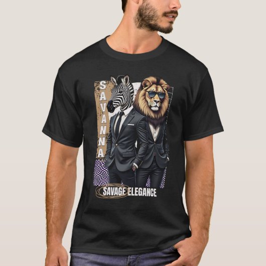 Savanna Style: Elegant Zebra and Lion in Suits Tシャツ (正面)