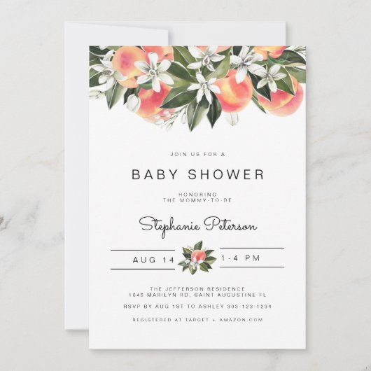 SAVANNAHウォーターカラーピーチベビーシャワー招待状 招待状 (正面)