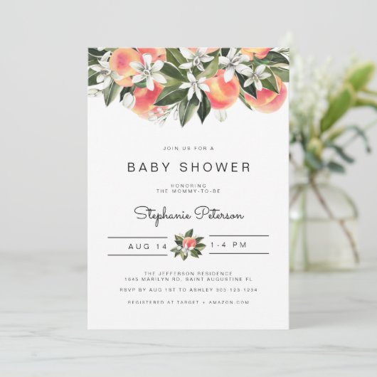 SAVANNAHウォーターカラーピーチベビーシャワー招待状 招待状 (スタンド正面)