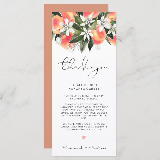 SAVANNAHピーチベビーシャワーテーブルサンキューカード メニュー (正面/裏面)