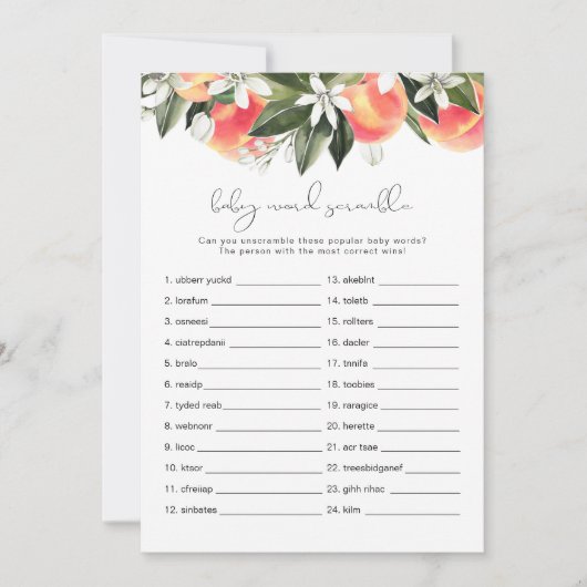 SAVANNAH桃ベビー単語スクランブルベビーシャワーゲーム 招待状 (正面)