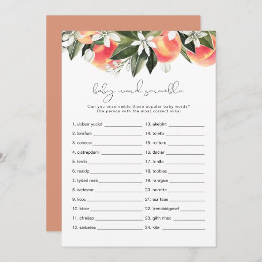 SAVANNAH桃ベビー単語スクランブルベビーシャワーゲーム 招待状 (正面/裏面)
