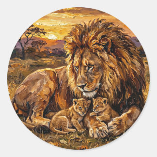 Savannah Family Lion Sticker | Arte a Oil Wildlife ラウンドシール