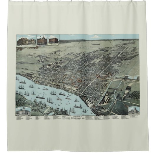 Savannah Georgia 1891バードアイビューヴィンテージマップ シャワーカーテン (正面)