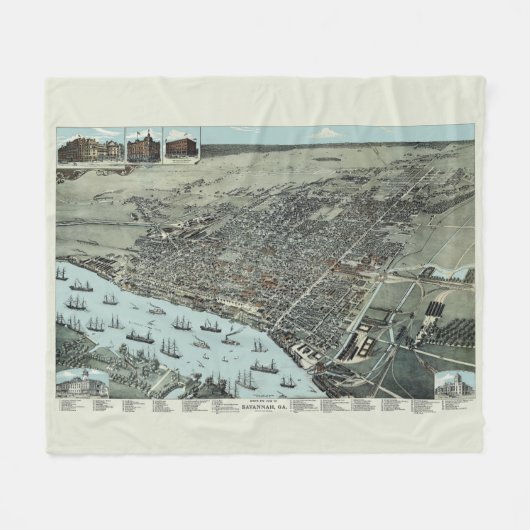 Savannah Georgia 1891バードアイビューヴィンテージマップ フリースブランケット (正面(横))