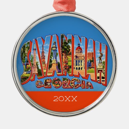 Savannah Georgia Retro Postcard Ornament メタルオーナメント (正面)