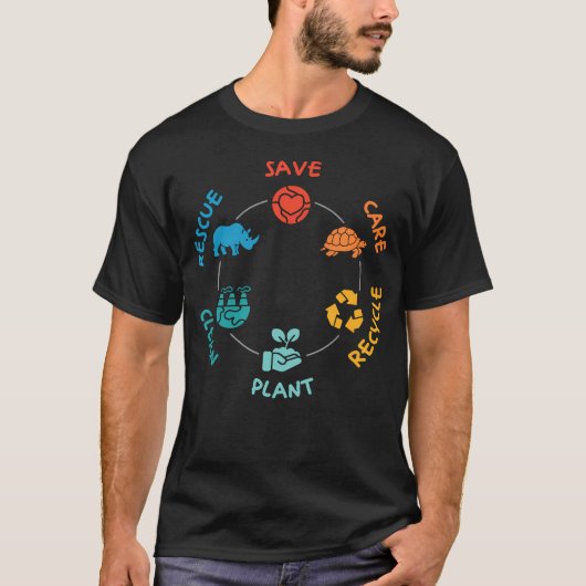Save Care Recycle Clean Plant (地球 Tシャツ (正面)