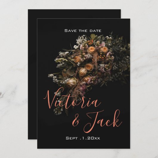 save date moodyフローラ,オレンジ色の白いフローラi 招待状 (正面/裏面)