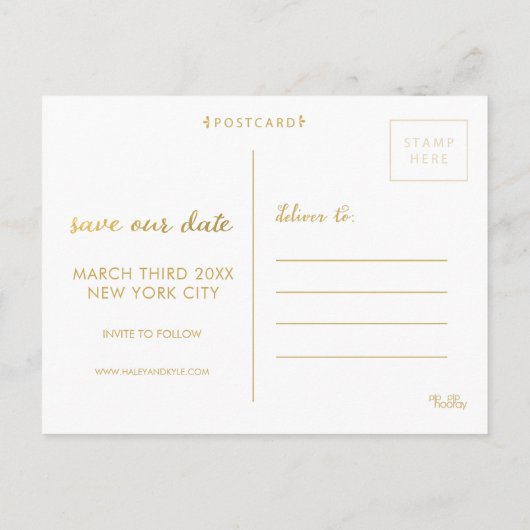 Save our Date Mint Gold Typography Photo Postcard 案内ポストカード (裏面)