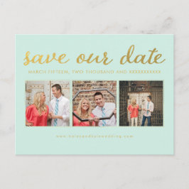 Save our Date Mint Gold Typography Photo Postcard 案内ポストカード