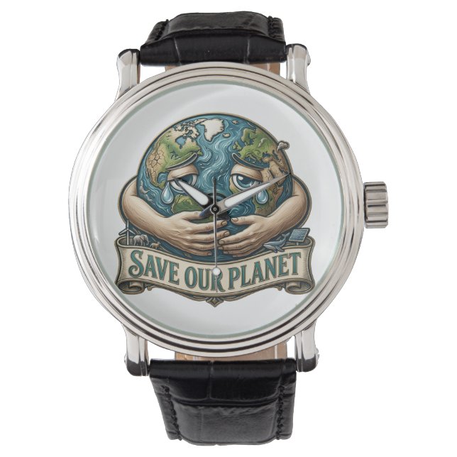 Save Our Planet Crying Earth Eco Awareness  腕時計 (正面)