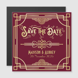 Save the Dateアールデコギャツビー金ゴールドBurgundy マグネット招待状