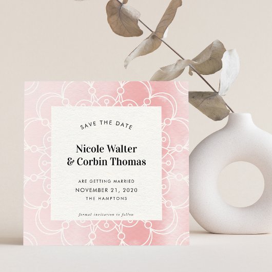 SAVE THE DATEモダン boho mandala pink water color 招待状