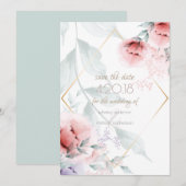 Save the Date | おしゃれなコーラル/ラベンダー アクアレル ピオニー セーブザデート (正面/裏面)