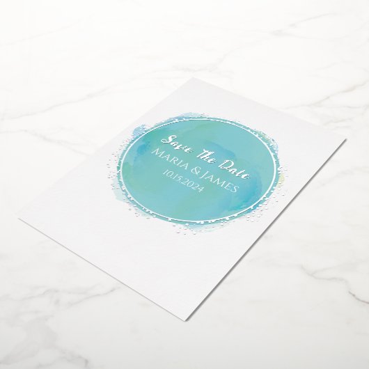 Save The Date アクア ティール ウォーターカラー シルバー 箔招待状 (回転した状態)