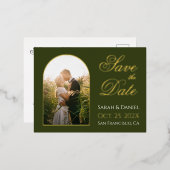 Save the Date アーチ写真 エレガント スクリプト 緑 金 箔招待状ポストカード (正面/裏面)