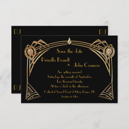 Save the Date ウェディング, グレートギャツビー, ブラック&ゴールド 招待状 (正面/裏面)