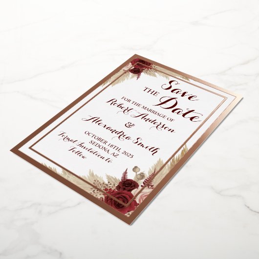 Save the Date ウェディング パンパス グラス ローズゴールド 箔招待状 (回転した状態)