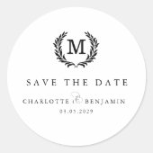 Save The Date! エレガントなクレストモノグラム 白 ラウンドシール (正面)