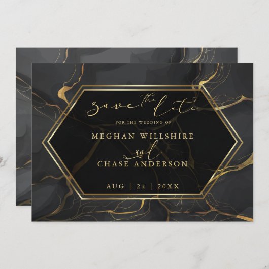 SAVE THE DATE | エレガントなブラックとゴールドの大理石 (正面/裏面)