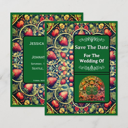 Save The Date カード イチゴの花柄 (正面/裏面)