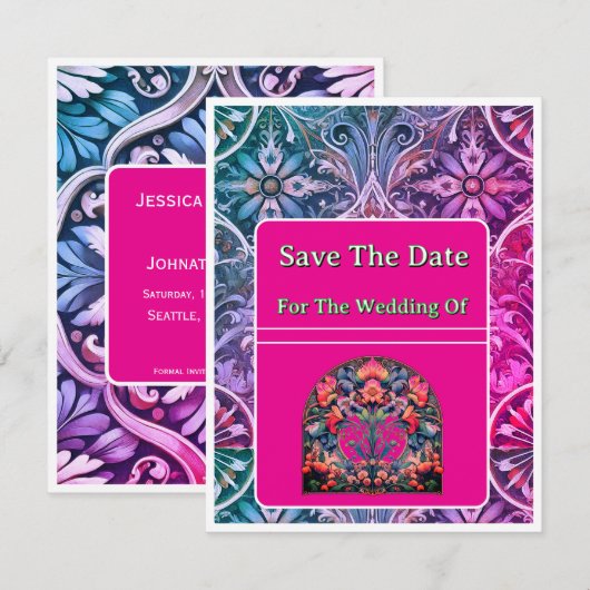 Save The Date カード ピンク/ブルー パターン (正面/裏面)