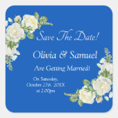 Save The Date - コバルトブルーと白バラの結婚式 スクエアシール (正面)