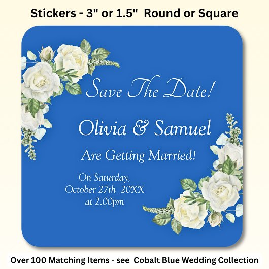 Save The Date - コバルトブルーと白バラの結婚式 スクエアシール