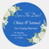 Save The Date - コバルトブルーと白バラの結婚式 ラウンドシール (正面)