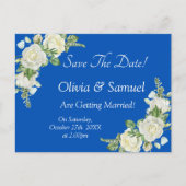 Save The Date - コバルトブルーと白バラの結婚式 案内ポストカード (正面)