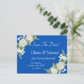 Save The Date - コバルトブルーと白バラの結婚式 案内ポストカード (スタンド正面)