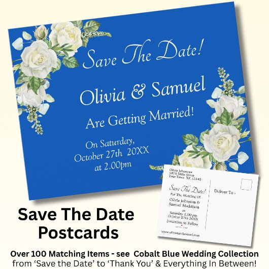 Save The Date - コバルトブルーと白バラの結婚式 案内ポストカード