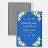 Save The Date、コバルトブルー ホワイト 5" x 2.5" 冷蔵庫 マグネット (正面/裏面)