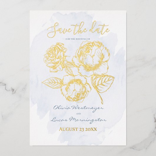 SAVE THE DATE | ゴールドのギルドローズ ダスティーブルー 箔招待状 (正面)