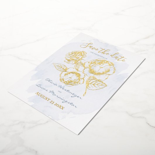 SAVE THE DATE  | ゴールドのギルドローズ ダスティーブルー 箔招待状 (回転した状態)
