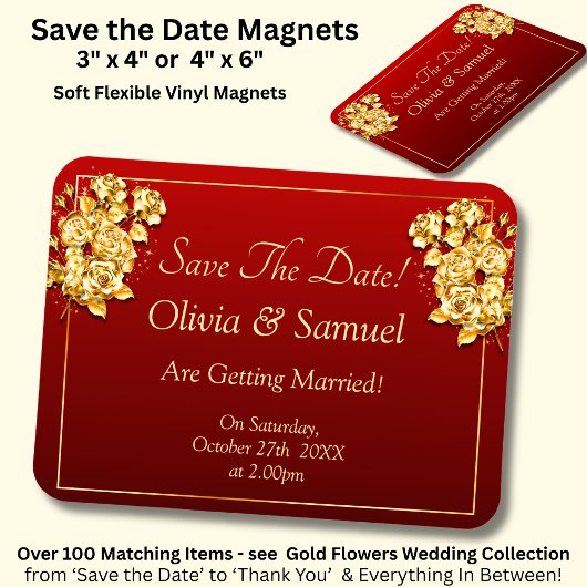 Save The Date - ゴールドバラ マロンレッドのビニール マグネット