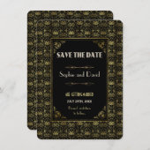 Save The Date | ゴールド ブラック ロアリング 20s アート デコ 招待状 (正面/裏面)