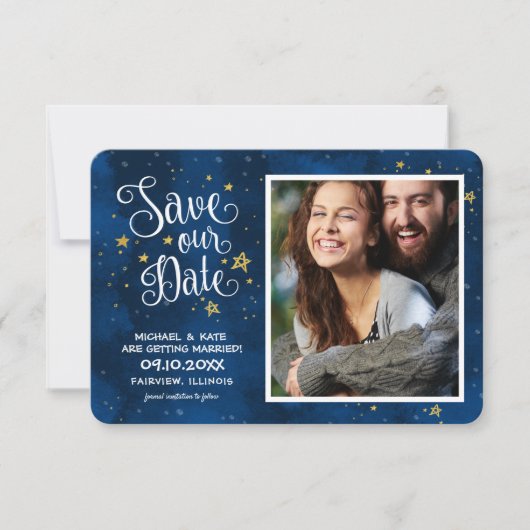 Save The Date スターリー・ナイト ゴールド ネイビー 水彩 | セーブザデート (正面)